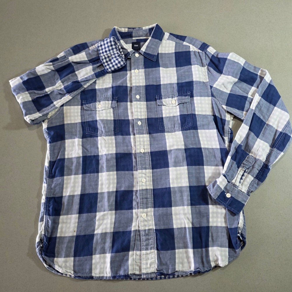 Gap Mens Blue White Buffalo Plaid Long Sleeve Button Down Shirt Large L